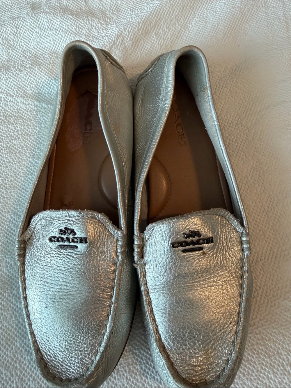 Coach Silver Metallic Leather Driving Loafers